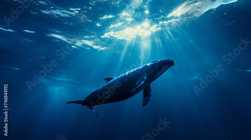 a cinematic photo of a whale in the deep blue sae, stunning sunbeams cutting through the water, medium distance