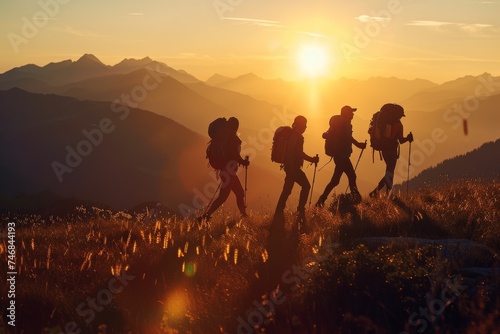 Four young hikers with backpacks trek through mountains at sundown