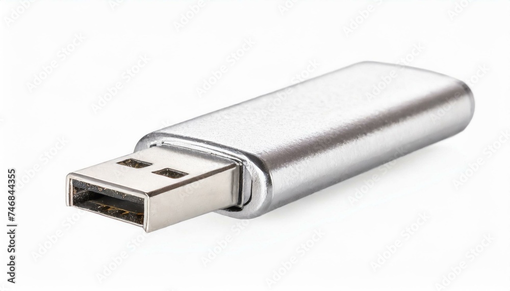 Side view of silver USB memory stick isolated clipping path white background Side view of silver USB memory stick isolated clipping path white background