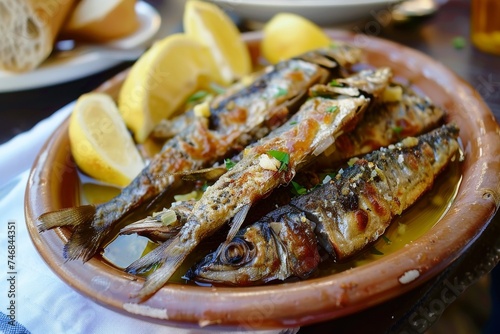 Fried sardines served with bread and artichokes