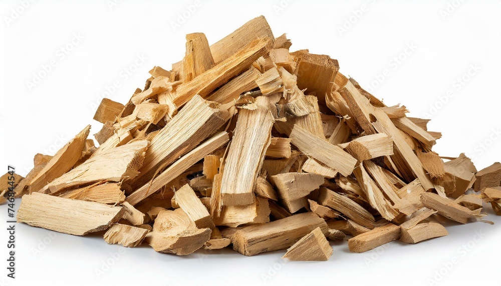 Pile of wood chips clipping path white background