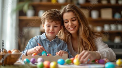 A woman and a child are engaged in an Easter celebration activity, painting eggs together. Ai generative illustration