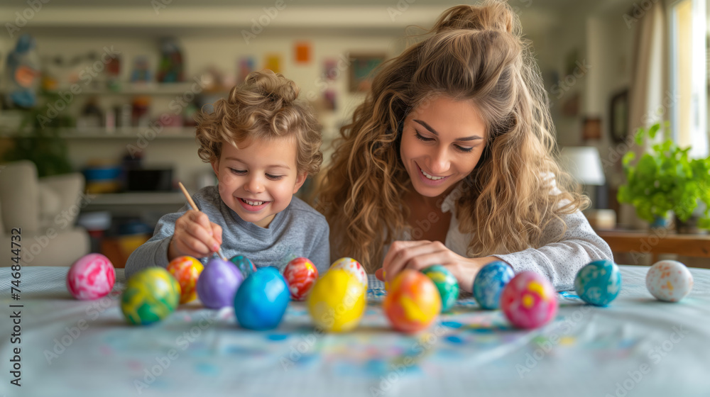 Obraz premium A mother and child enjoy festive Easter egg preparation together. Ai generative illustration