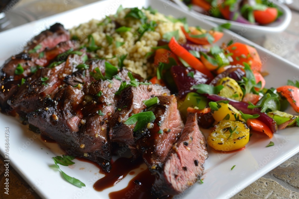 Grilled lamb with couscous salad veggies Dijon mustard and red wine sauce Grilled lamb with couscous salad veggies Dijon mustard and red wine sauce