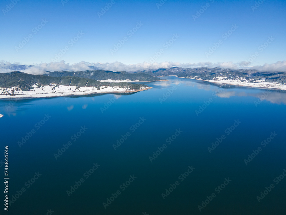 Aerial winter view of Batak Reservoir, Bulgaria