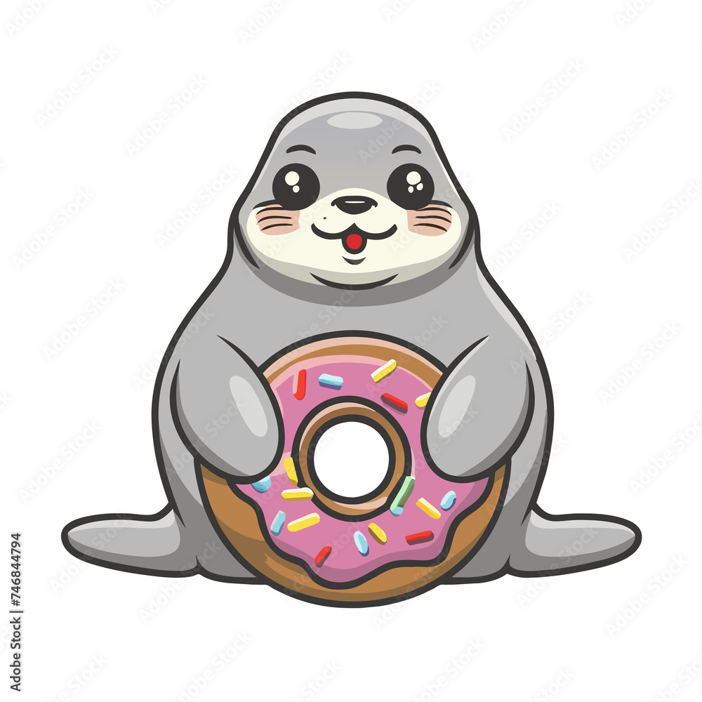 cute kawaii fat seal graphic with pink donut cute kawaii fat seal graphic with pink donut