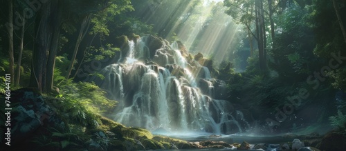 A majestic waterfall cascades down rocks in the midst of a lush forest. The clear water glistens as it falls  surrounded by tall trees and vibrant greenery.