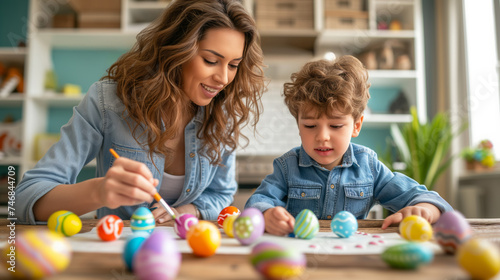 A woman and a kid decorate colorful Easter eggs  showing a festive preparation activity. Ai generative illustration