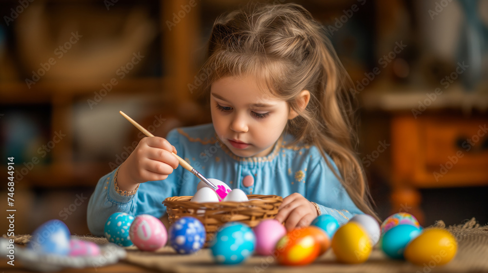 A child carefully paints a white Easter egg with festive colors during a holiday celebration preparation. Ai generative illustration A child carefully paints a white Easter egg with festive colors during a holiday celebration preparation. Ai generative illustration
