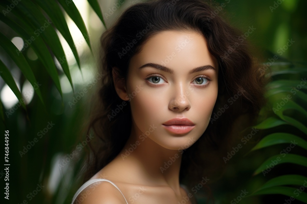 Beautiful woman with perfect skin face portrait, blurred green jungle background. Spa advertising model. Cosmetology beauty ads Beautiful woman with perfect skin face portrait, blurred green jungle background. Spa advertising model. Cosmetology beauty ads