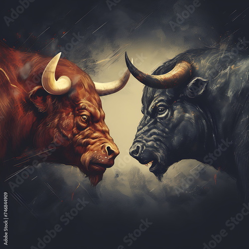 Bull and bear fighting, concept of stock market exchange, Generative AI