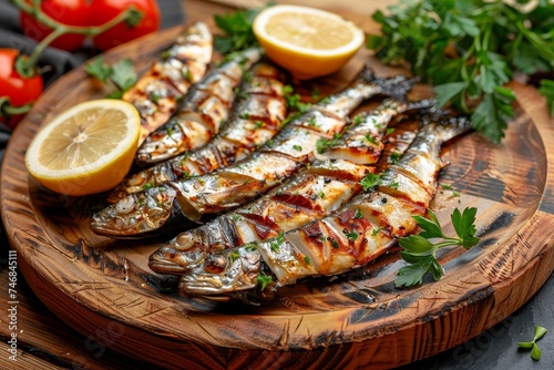 Grilled seafood with fresh herbs and spices served on a wooden background