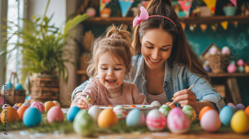 A woman and a child are decorating Easter eggs together in a festive setting. Ai generative illustration
