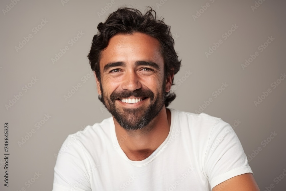 Portrait of a handsome man smiling and looking at camera on a gray background Portrait of a handsome man smiling and looking at camera on a gray background