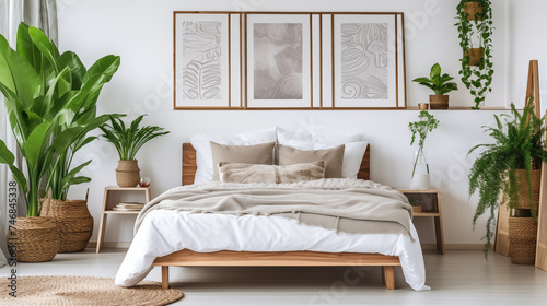 Mockup - obraz na ścianie. Jasna przytulna sypialnia w stylu boho lub skandynawskim. Brązowe i białe kolory wystroju wnętrza i dodatków. Render 3d. Wizualizacja