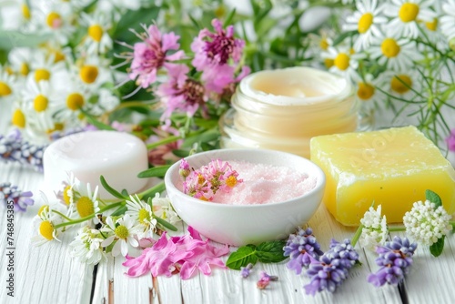 Herbal flowers on a white wooden table display cosmetic creams lip balm soap and bath salt