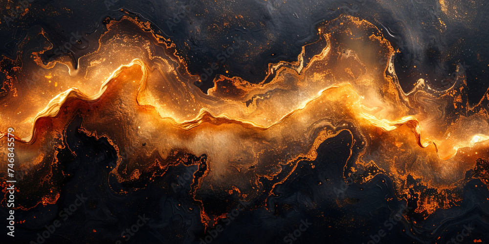 Molten Gold Elegance of molten gold flowing in graceful cascades across a dark canvas.  - obrazy, fototapety, plakaty 