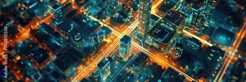 Futuristic neon city with glowing digital infrastructure