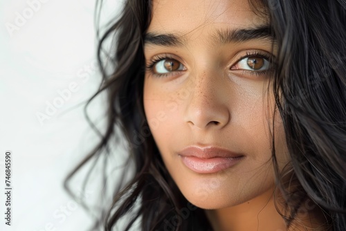 Ideal isolated portrait of a beautiful Indian girl with flawless skin and makeup representing beauty health and care