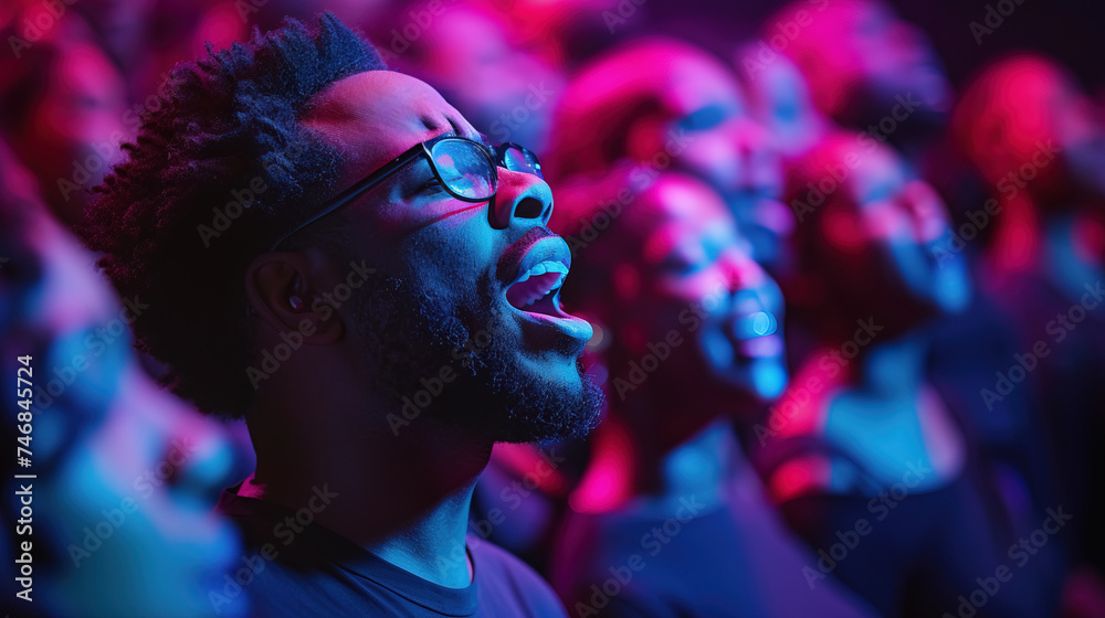 Male and female African Americans singing gospel in a church choir.