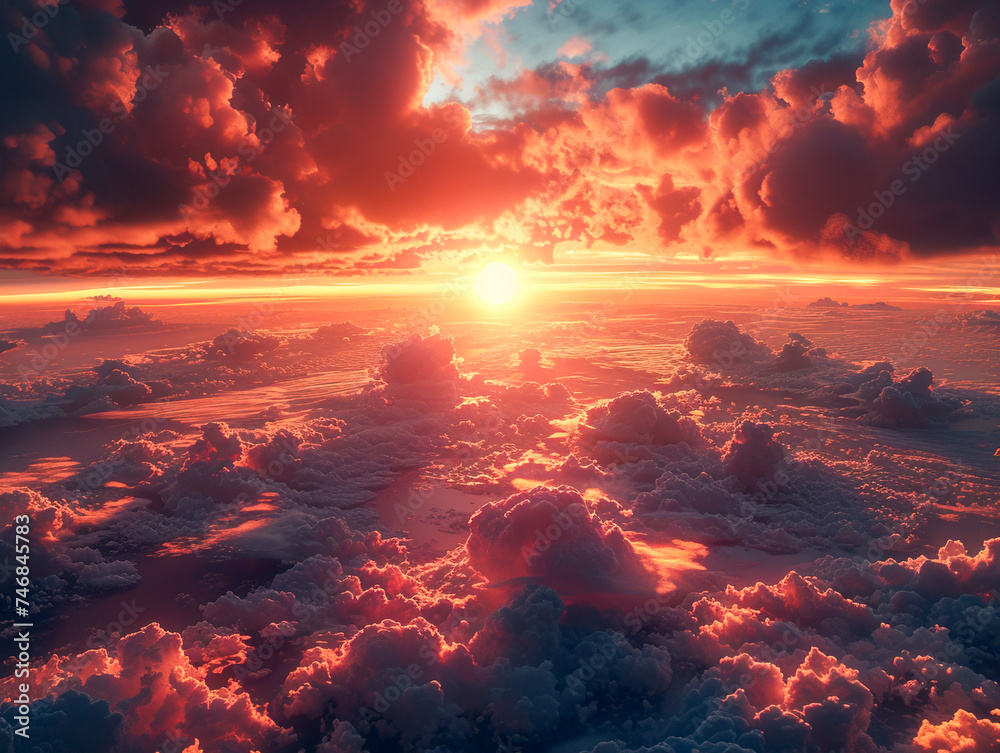 Rising sun high above the clouds, Stunning sunset landscape