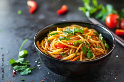 Indo Chinese hot dish with udon noodles veggies and chili sauce in a dark bowl Copy space