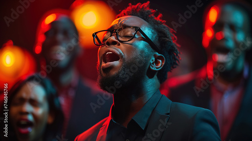 Male and female African Americans singing gospel in a church choir. © Falk