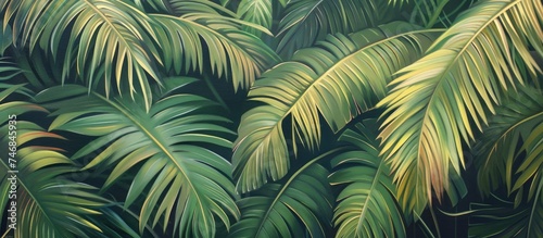 A painting showcasing a collection of vibrant green leaves, possibly from majestic palm trees. The leaves are intricately detailed, creating a visual symphony of natures beauty.