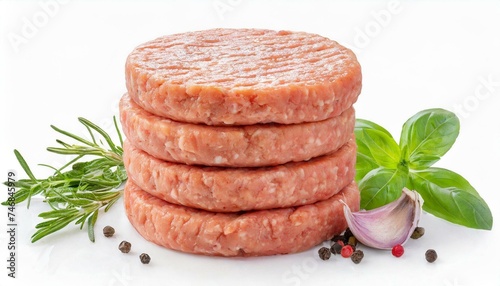 Stack of fresh raw burger patty isolated clipping path white background photo