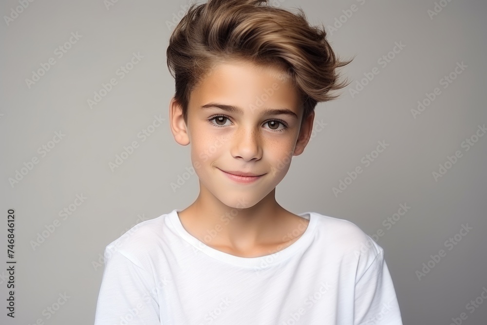 Portrait of a cute young boy. Studio shot over grey background. Portrait of a cute young boy. Studio shot over grey background.