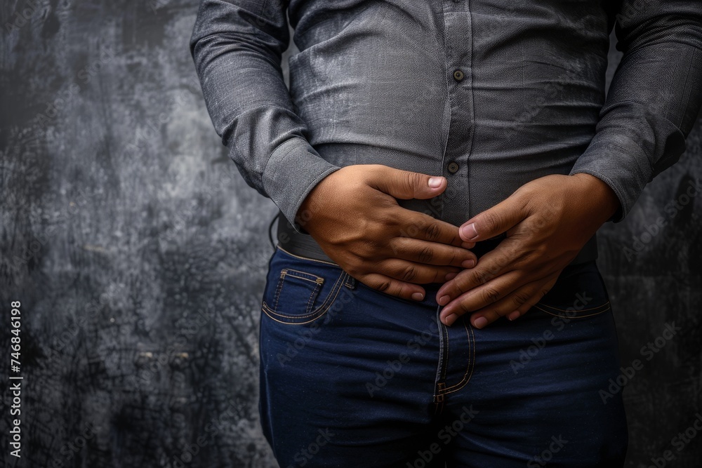 Man feeling his obese stomach on a gray backdrop Man feeling his obese stomach on a gray backdrop