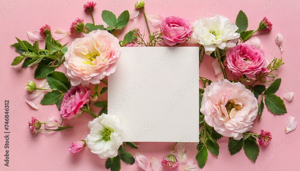 Composition with blank card and delicate flowers on pink background