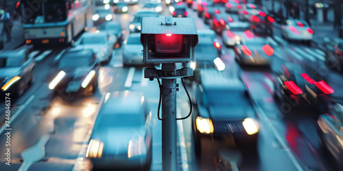 Urban Surveillance: Traffic Monitoring Red Light Camera Overseeing Busy Streets. Generative AI.