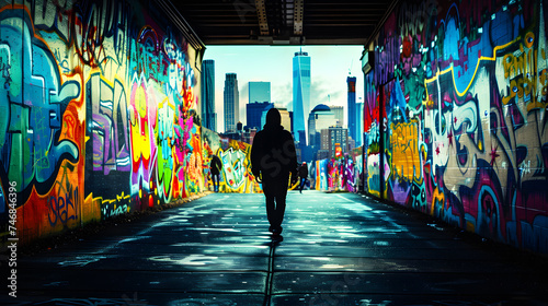 A creative image of a person walking through a city street. The person's silhouette visible. The graffiti murals in the background. The city's skyline visible in the distance.