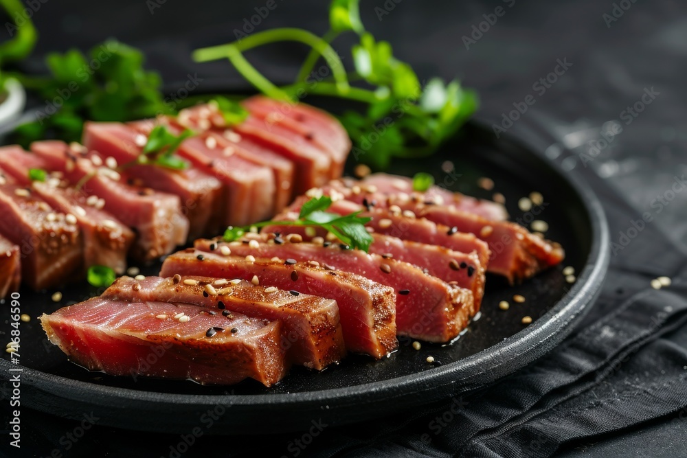 Japanese dish with seared tuna in thin slices served as appetizer with brandy sauce on a dark background Japanese dish with seared tuna in thin slices served as appetizer with brandy sauce on a dark background