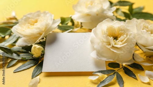 Composition with blank card and delicate flowers on yellow background 