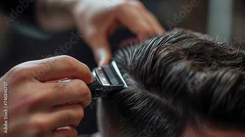 Closeup of the barber or hairstylist or hairdresser holding a hair clipper and grooming the healthy black hair of the customer in the barbershop. Salon worker electric trimmer machine,device equipment