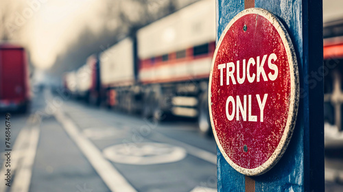 Circle red sign with text "Trucks only." Trucks with trailers parked in the background, transportation profession or occupation, job in the industry lifestyle, business shipping of the goods, products