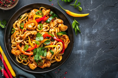 Japanese top view udon noodles with chicken and peppers