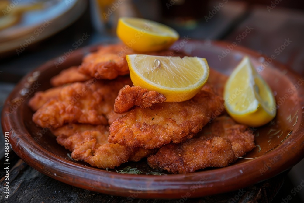 Lemon wedges with chicken or pork schnitzel focused view Lemon wedges with chicken or pork schnitzel focused view