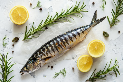 Mackerel and lemon on white