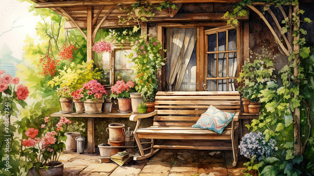Fototapeta premium Watercolor painting of tranquil garden nook with a wooden cottage and bench with soft cushions. Vibrant flowers and climbing ivy invite to rustic relax and enjoy peaceful surroundings.