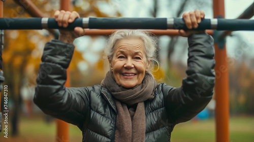 Portrait of the elderly female pensioner, old woman with gray hair wearing a jacket, standing outdoors in an autumn morning, exercising on bars in a city park, looking at the camera and smiling. photo