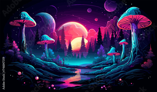 Fantasy Landscape with Neon Mushrooms isolated vector style illustration