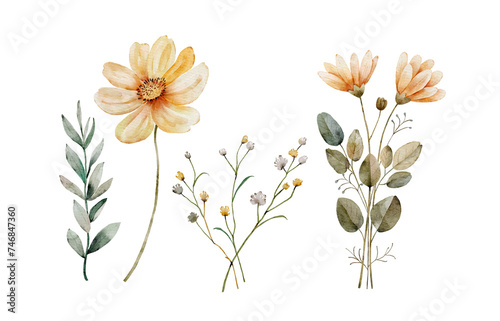 set of watercolor floral yellow bouquets and plants. Hand-colored botanical illustration.