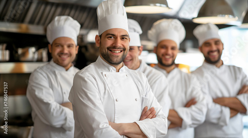 A team of five professional male kitchen workers at a restaurant smiling at the camera, wearing white uniform and cook hat. Culinary occupation employee staff indoors, cooker job for men