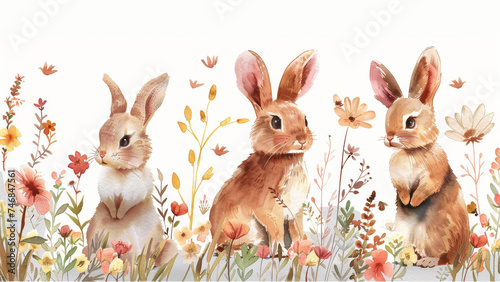 watercolour illustration of cute bunny hiding on green grass with colorful easter eggs background