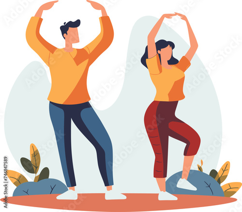 Young man woman exercising together outdoors, both casual workout clothes, stretching their arms above heads. Fitness couple enjoys healthy lifestyle. Exercise wellbeing vector illustration