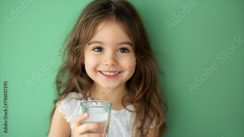 Portrait of a little cute toddler girl holding a glass or cup full of water, looking at the camera and smiling, studio photography. Female preschooler pure liquid consumption, freshness and health