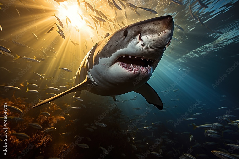 Obraz premium Great white shark with its main four fins swimming under sun rays in the blue Pacific Ocean